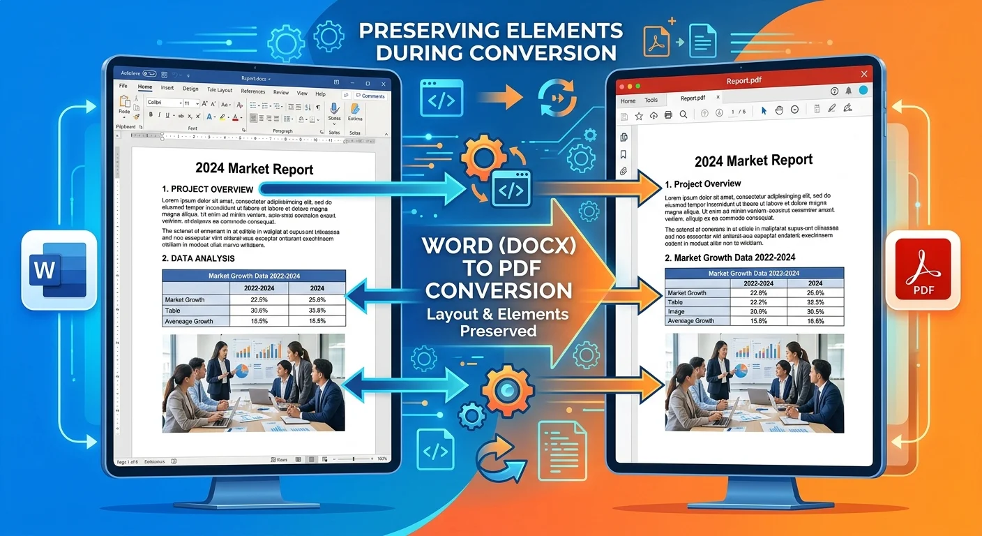 Diagram showing DOCX to PDF conversion preserving layout and formatting elements