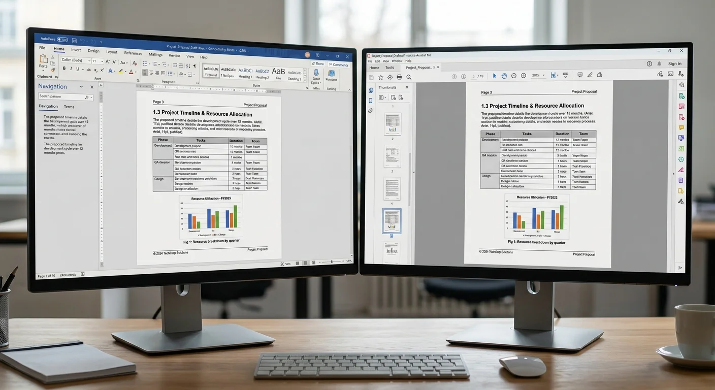 Before and after screenshot comparing original Word document with converted PDF output