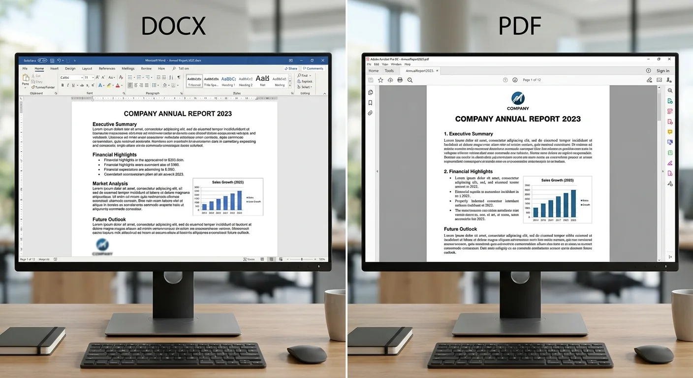 Side-by-side comparison of DOCX source file and converted PDF with preserved formatting