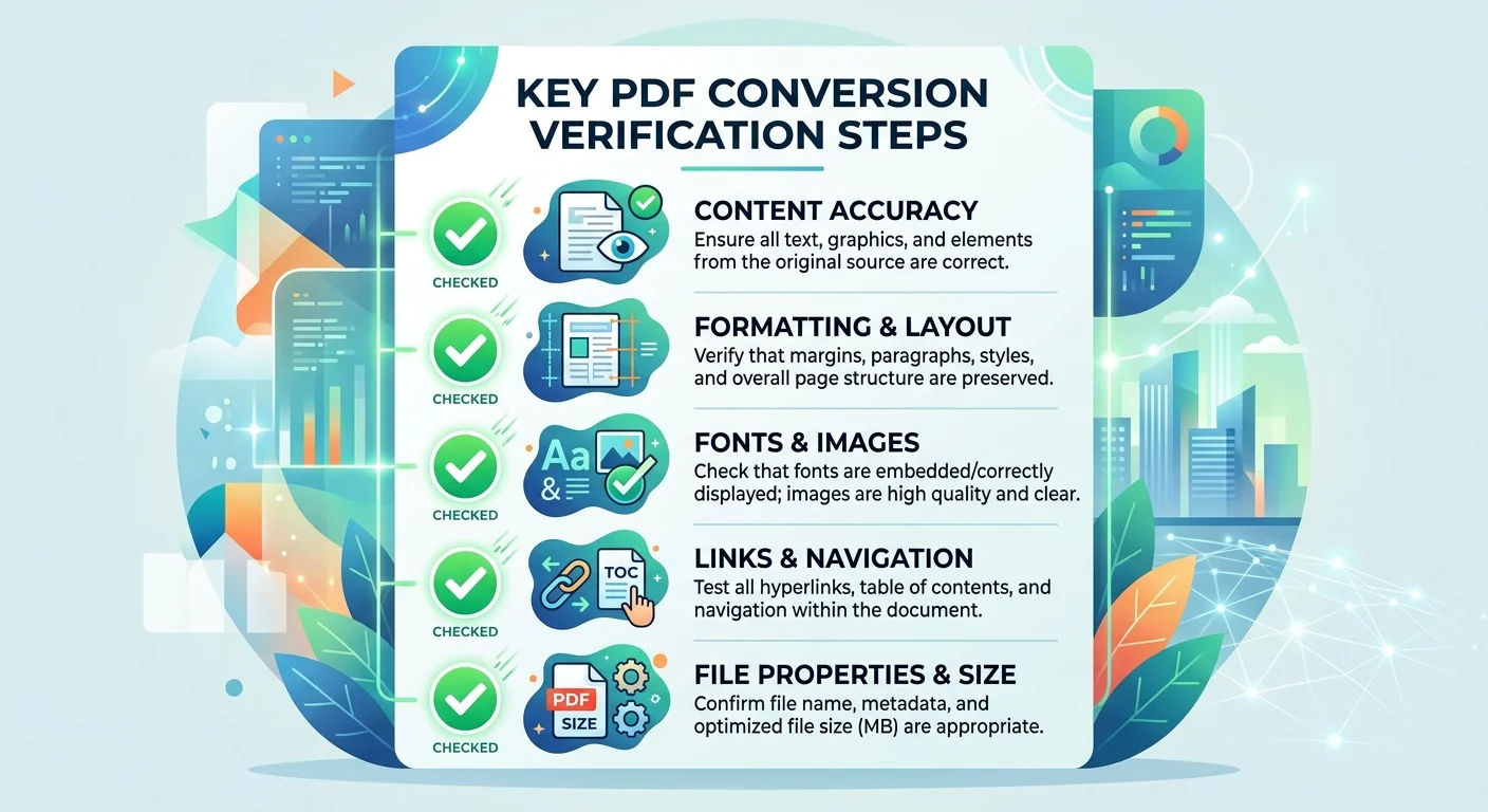 PDF conversion verification checklist with font check, layout review, and cross-platform testing steps