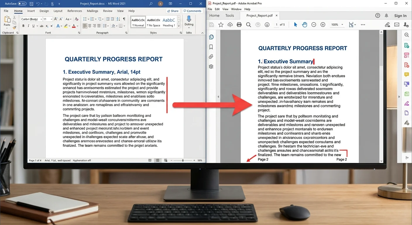 DOCX to PDF font substitution comparison showing layout differences