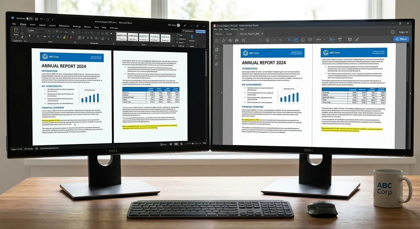DOCX vs PDF format comparison showing editing view and final output
