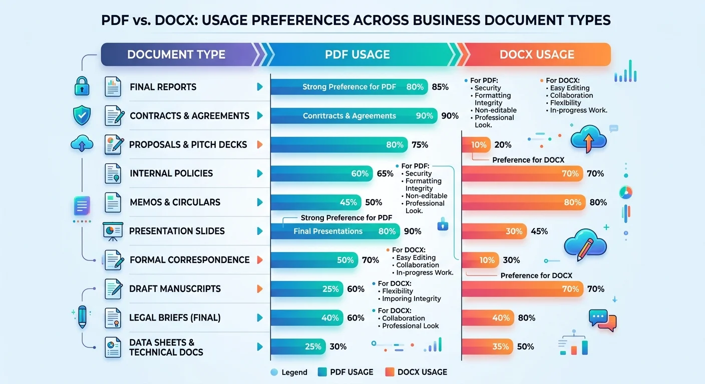 Bar chart comparing DOCX and PDF format preferences for drafts contracts resumes and archival documents